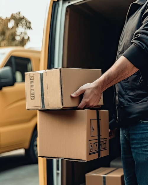 Closeup courier delivering boxes