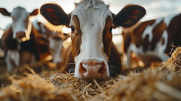 Photo closeup of a cow eating hay