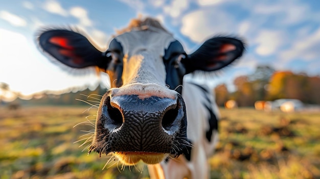 Photo closeup of a cow in a field looking at the camera at sunset ai generated image