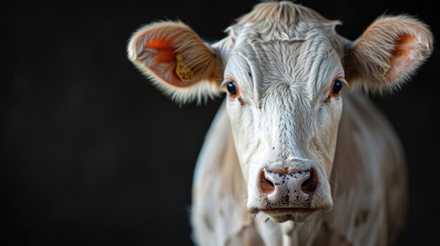 A closeup of a cow looking directly at the camera