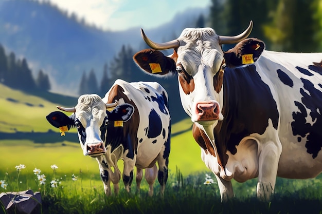 A closeup of cows grazing on a picture meadow Generative AI