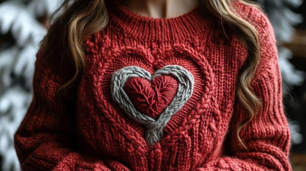 Photo closeup of a cozy red sweater with heart