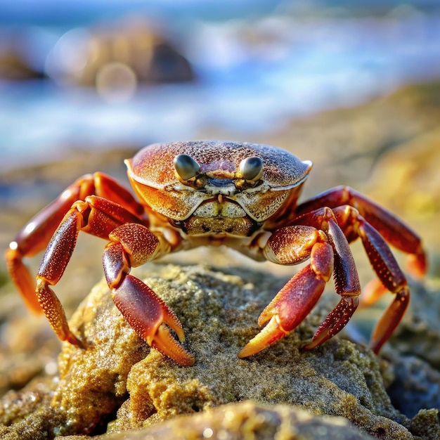 Photo closeup of a crab on a rocky shore in the daytime generative ai