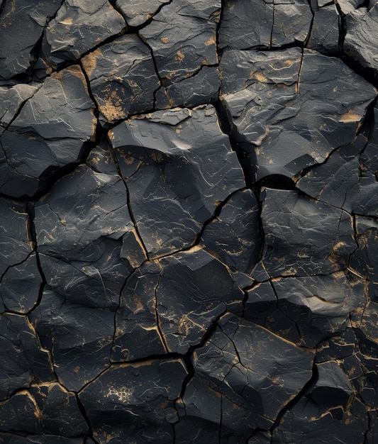 Closeup of cracked black earth with golden veins