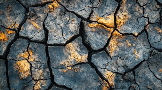 A closeup of cracked earth with hints of orange illustrating drought or dry conditions