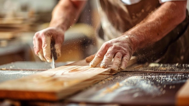 Closeup of craftsman hands woodworking with a chisel creating wood shavings and focusing on detailed craftsmanship in a workshop