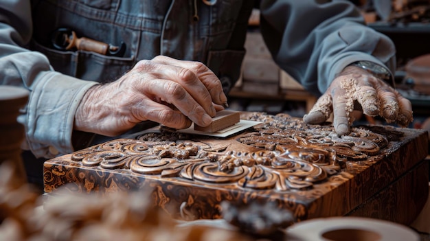 Photo closeup of a craftsman meticulously working on an intricate wood carving highlighting attention to detail and craftsmanship