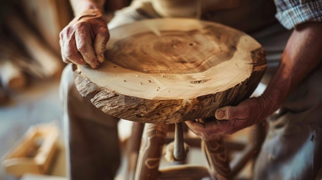 Closeup of a craftsman skillfully sanding a wooden piece in a workshop highlighting woodworking techniques and craftsmanship