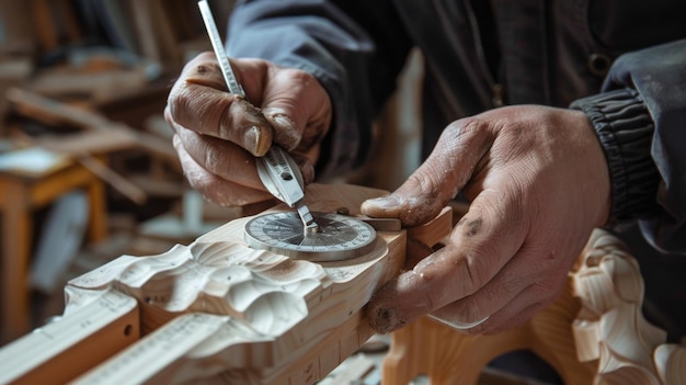 Photo closeup of a craftsman using a compass to carve intricate designs into a wooden surface showcasing artisan woodworking skills