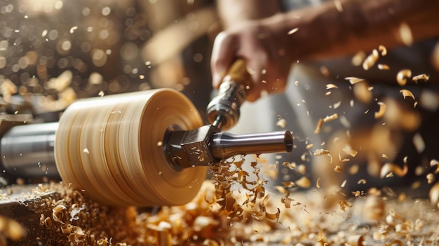 Photo closeup of a craftsman using a lathe to shape wood with wood chips flying showcasing skilled woodworking in a workshop setting