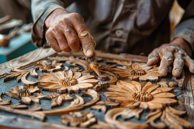 Photo closeup of craftsman working on intricate wood carving