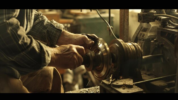 Photo closeup of a craftsman working with a lathe in a workshop showcasing handson precision and metalwork expertise