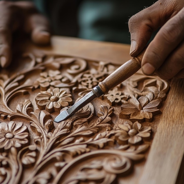 Photo closeup of a craftsman39s hands carving intricate floral patterns into a wooden surface with a sharp chisel