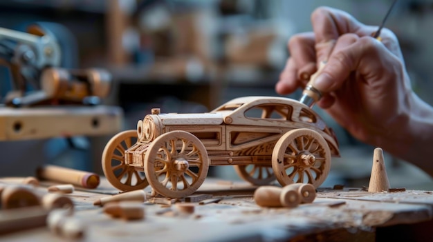 Photo closeup of a craftsmans hand intricately detailing a handmade wooden toy car in a workshop filled with various woodworking tools and materials