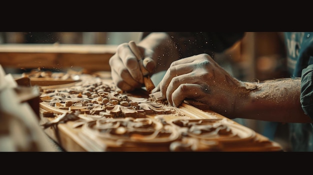 Photo closeup of a craftsmans hands carving intricate details into a wooden panel highlighting traditional woodworking skills and craftsmanship