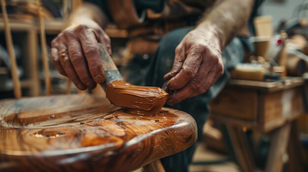 Photo closeup of a craftsmans hands meticulously applying finish to a wooden chair highlighting the craftsmanship and dedication in woodworking