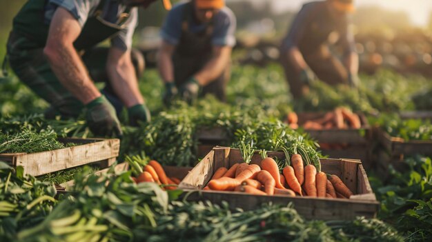 Closeup of crates full of fresh carrots next to workers who have harvested them