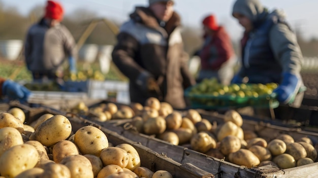 Closeup of crates full of fresh potatoes next to workers who have harvested them