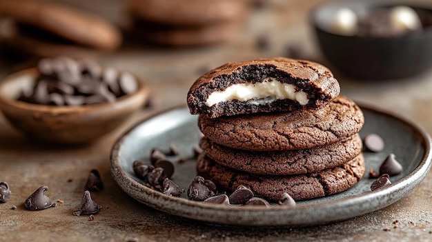 Closeup of creamfilled chocolate cookies stacked on a dark ceramic plate