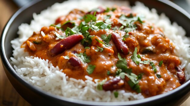 CloseUp of a Creamy Kidney Bean Curry Served Over Fluffy White Rice