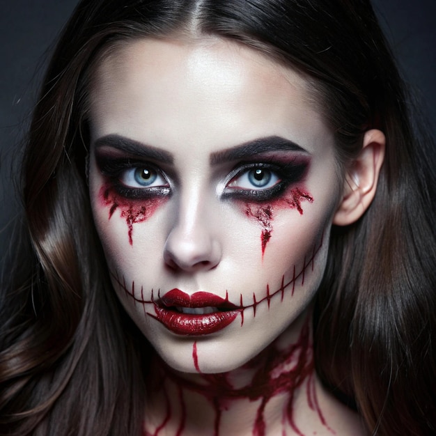 Photo closeup of creepy halloween face paint featuring realistic zombie makeup with blood effects