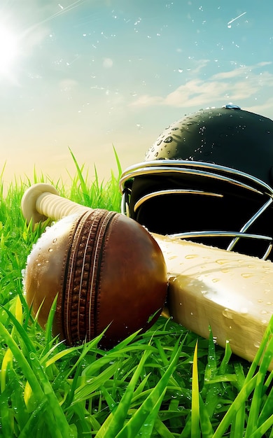 Closeup of Cricket ball equipment on green grass dew drop at the cricket field The tools for cricket