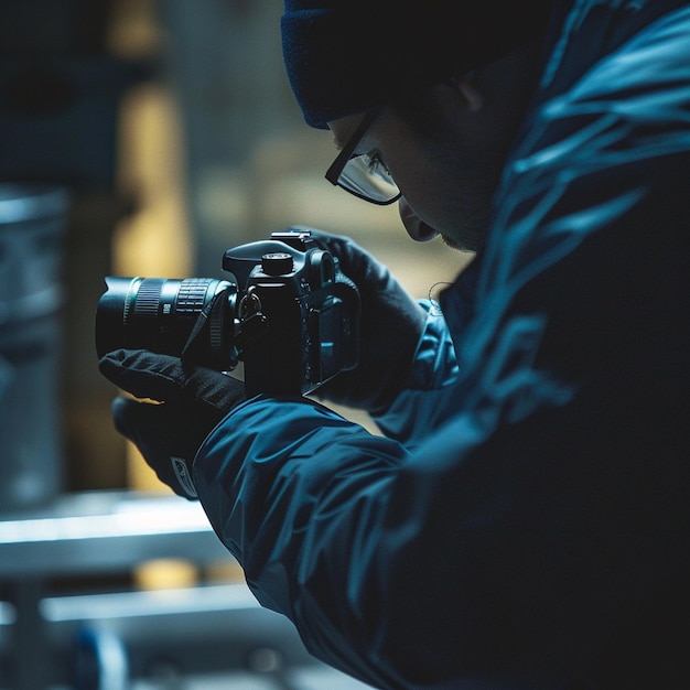 Photo a closeup of a crime scene investigator using a camera to document evidence