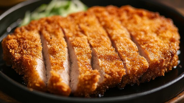 Closeup of crispy breaded pork cutlet served on a black plate