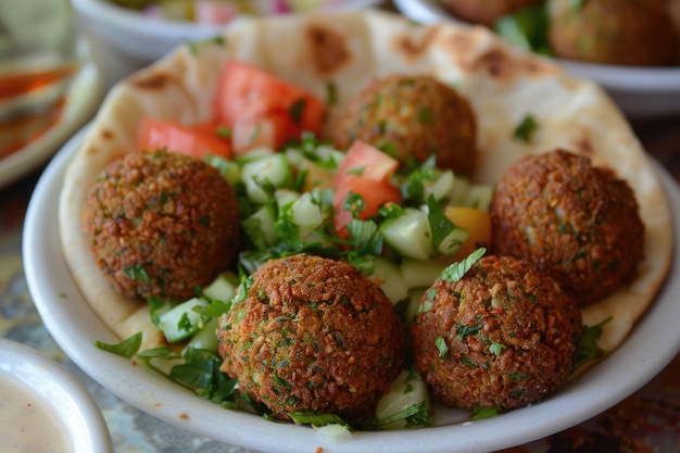 Closeup of crispy falafel balls served on a warm pita with fresh veggies and tahini sauce