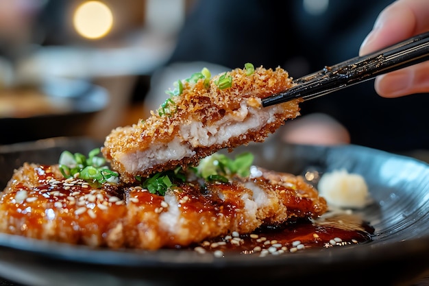 Photo closeup of crispy fried pork cutlet with teriyaki sauce and sesame seeds