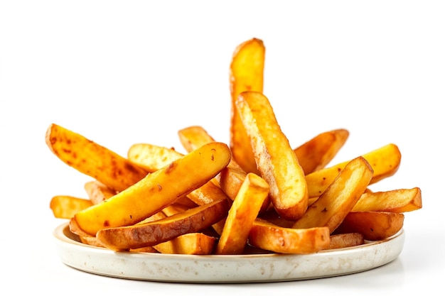 Photo a closeup of crispy golden french fries on a white background perfect for fast food and snack