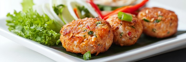 Photo closeup of crispy goldenbrown fish cakes served with a vibrant green salad and a spicy dippi