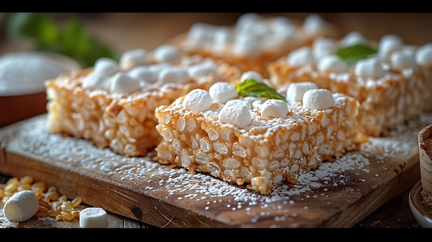 Closeup of crispy rice treats with marshmallows and powdered sugar