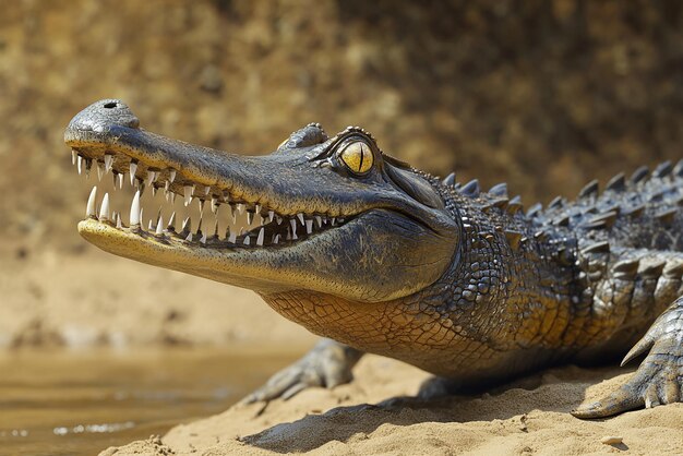 Photo closeup of a critically endangered gharial basking in the sun