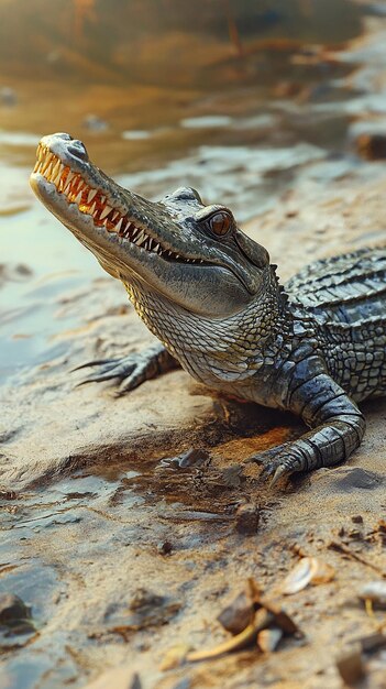 CloseUp of a Critically Endangered Gharial Basking in the Sun