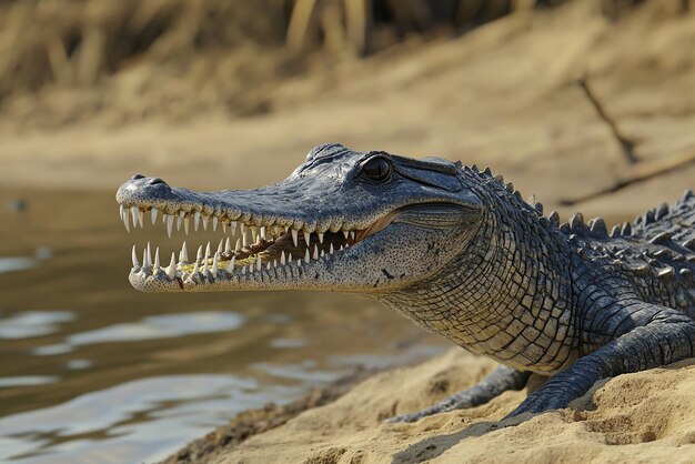 Photo closeup of a critically endangered gharial basking in the sun