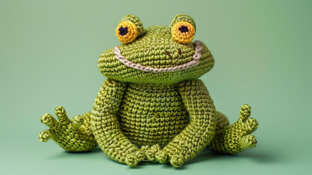 Closeup of a crocheted frog with large eyes