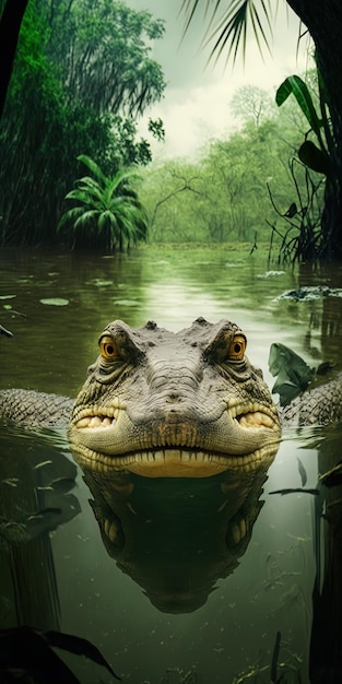 A closeup of a crocodile swimming in a superimposed lake in the jungle on a rainy day Generated With AI