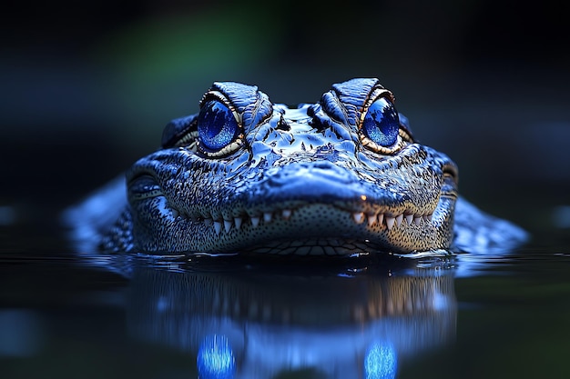 A closeup of a crocodile39s head emerging from dark water showcasing its striking blue eyes