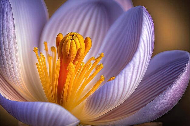 Closeup of crocus flower with its delicate petals and golden stamens in full view