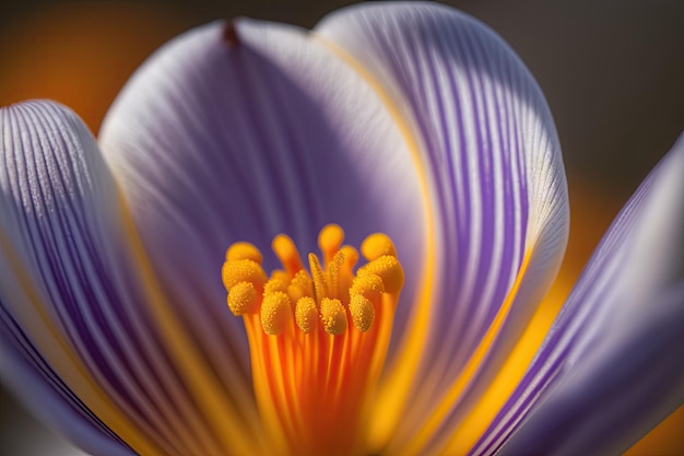 Closeup of crocus flower with its delicate petals and yellow stamen in full bloom