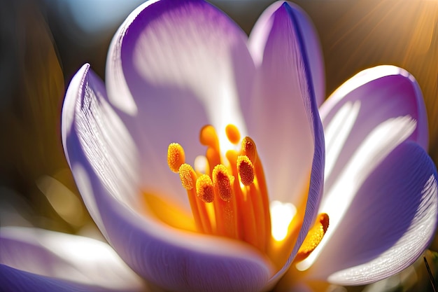 Closeup of crocus flower with sun shining through petals created with generative ai