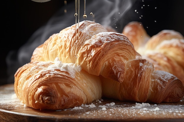 CloseUp of Croissants Being Sprinkled with Sesame Seeds