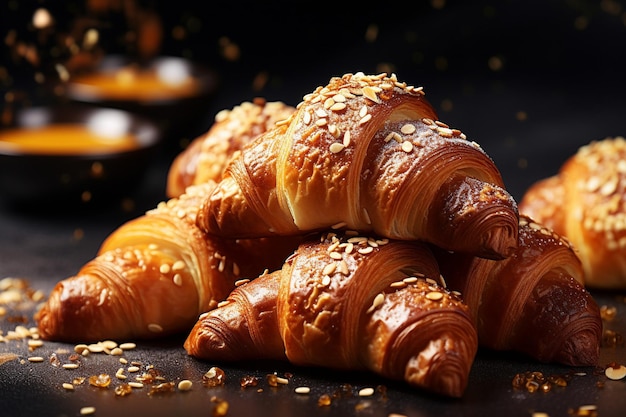 CloseUp of Croissants Being Sprinkled with Sesame Seeds