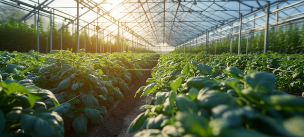 Closeup of crop seedlings in a greenhouse plants grow in ideal conditions and protected from extreme