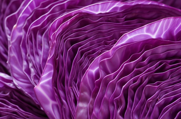 Photo closeup of the crosssection texture and pattern of purple cabbage