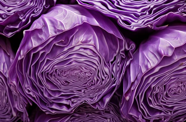 Photo closeup of the crosssection texture and pattern of purple cabbage