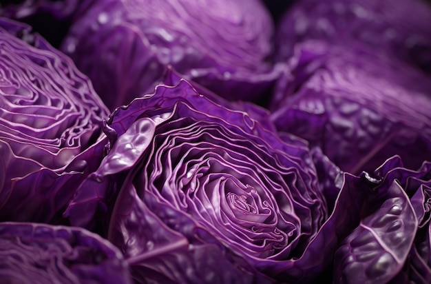 Photo closeup of the crosssection texture and pattern of purple cabbage