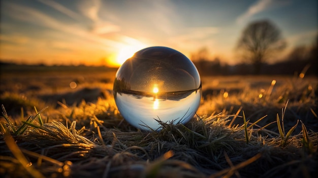 Closeup of crystal ball on field during sunset