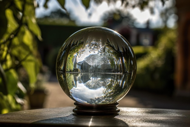 Closeup of crystal ball with view of garden in the background created with generative ai